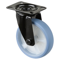 Lenkrolle, Rad Ø 100mm, Thermoplastischer Gummi (TPR) hellblau, Radb. 32mm, BH 155mm, Rollenlager, Radk. Kunststoff, mit Platte, PG 104x80mm, Tragkr. 120kg Nr. L800.B44.126.05