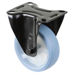 Transport-Bockrolle, Rad Ø 100mm, Thermoplastischer Gummi (TPR) hellblau, Radb. 32mm, BH 128mm, Rollenlager, Radk. Kunststoff, mit Platte, PG 104x80mm, Tragkr. 110kg Nr. L810.B44.101.05