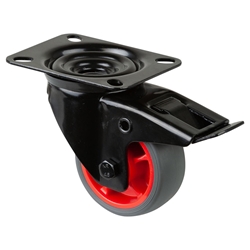 Lenkrolle, mit Totalfeststeller, Rad Ø 80mm, Thermoplastischer Gummi (TPR) grau, Radb. 32mm, BH 105mm, Rollenlager, Radk. Kunststoff, mit Platte, PG 104x80mm, Tragkr. 100kg Nr. L820.B44.081.03