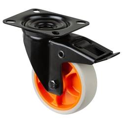 Lenkrolle, mit Totalfeststeller, Rad Ø 100mm, Thermoplastischer Gummi (TPR) schwarz, Radb. 32mm, BH 128mm, Rollenlager, Radk. Kunststoff, mit Platte, PG 104x80mm, Tragkr. 110kg Nr. L820.B44.101.02