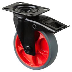 Transport-Lenkrolle, mit Totalfeststeller, Rad Ø 125mm, Thermoplastischer Gummi (TPR) grau, Radb. 32mm, BH 155mm, Kugellager, Radk. Kunststoff, mit Platte, PG 104x80mm, Tragkr. 120kg Nr. L820.B44.126.03