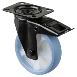 Lenkrolle, mit Totalfeststeller, Rad Ø 200mm, Thermoplastischer Gummi (TPR) hellblau, Radb. 45mm, BH 195mm, Kugellager, Radk. Kunststoff, mit Platte, PG 138x109mm, Tragkr. 200kg Nr. L820.B44.126.05