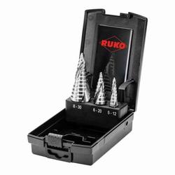 Ruko ULTIMATECUT Stufenbohrer-Satz HSSE-Co 5 mit FLOWSTEP® Spitze, 3-teilig, Größen 0/9 (5-12mm), 1 (6-20mm), 2 (8-30mm) in Kunststoffkassette Nr. 101626ERO
