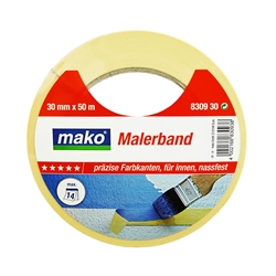 Mako Malerband PREMIUM 30mm x 50m, Flachkrepp gelb, temperaturbeständig bis ca. 80°, für gerade Kanten, Innen Nr. 8309 30, EAN 4002168830938