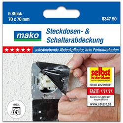 Mako Steckdosen- und Schalterabdeckung PREMIUM 70x70mm schwarz, im Randbereich selbstklebende Abdeckpflaster, Mittelteil durchstoßbar, 5 Pflaster in SB-Schachtel Nr. 8347 50, EAN 4002168834745