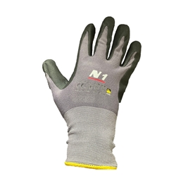 N1 Montagehandschuh Nylon, grau/schwarz, touch®, Cat. 2, EN 388-4121X , 15 Gauge, Spandex Beschichtung 100% Nitril Handfläche