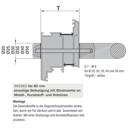 Stückbefestigung M8 mit 30mm Gegenrosette Edelstahl TS -80mm, je Befestigungspunkt