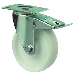 Lenkrolle, mit Totalfeststeller, Rad Ø 125mm, Kunststoff weiß, Radb. 35mm, BH 155mm, Rollenlager, Radk. Kunststoff, mit Platte, PG 104x80mm, Tragkr. 175kg Nr. L420.B10.125