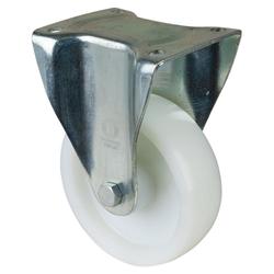 Schwerlast-Bockrolle, Rad Ø 150mm, Kunststoff weiß, Radb. 45mm, BH 209mm, Rollenlager, Radk. Kunststoff, mit Platte, PG 138x110mm, Tragkr. 600kg Nr. N110.B10.151