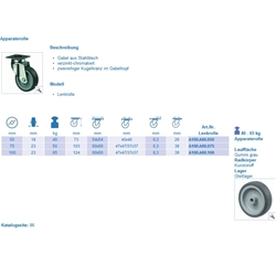 Apparate-Lenkrolle Rad-ø 75mm bis 60 Kg A100.A80.075 PG 60x60mm BH 103mm EAN 4021885002251