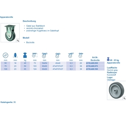 Apparate-Bockrolle Rad-ø 75mm bis 60 Kg A110.A80.075 PG 60x60mm BH 103mm EAN 4021885003173