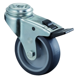 Apparate-Lenkrolle, mit Totalfeststeller, Rad Ø 75mm, Gummi grau, Radb. 25mm, BH 103mm, Gleitlager, Radk. Kunststoff, mit Rückenloch, Rückenl. Ø 10,2mm, Tragkr. 60kg Nr. A321.A80.075