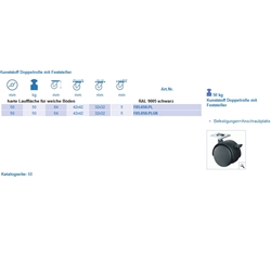 Kunststoff-Doppel-Lenkrolle, mit Totalfeststeller, Rad Ø 50mm, Kunststoff schwarz, BH 64mm, mit Platte, PG 42x42mm, Tragkr. 40kg Nr. F85.050.PL