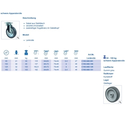Apparate-Lenkrolle, Rad Ø 100mm, Gummi grau, Radb. 30mm, BH 137mm, Kugellager, Radk. Kunststoff, mit Platte, PG 95x70mm, Tragkr. 80kg Nr. C100.A85.100