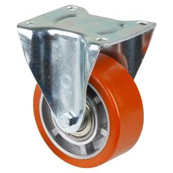 Transport-Bockrolle, Rad Ø 100mm, Guss-Polyurethan orange 95+/-3 Shore A, Radb. 40mm, BH 132mm, Kugellager, Radk. Aluminium, mit Platte, PG 105x85mm, Tragkr. 200kg Nr. LB510.B90.100