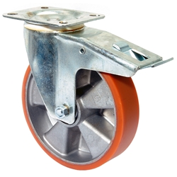 Lenkrolle, mit Totalfeststeller, Rad Ø 125mm, Guss-Polyurethan orange 95+/-3 Shore A, Radb. 38mm, BH 157mm, Kugellager, Radk. Aluminium, mit Platte, PG 105x85mm, Tragkr. 300kg Nr. LB520.B90.125