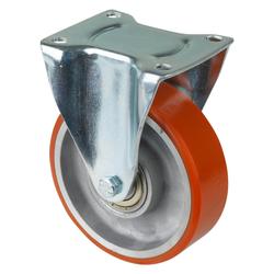 Transport-Bockrolle, Rad Ø 125mm, Guss-Polyurethan orange 95+/-3 Shore A, Radb. 38mm, BH 157mm, Kugellager, Radk. Aluminium, mit Platte, PG 105x85mm, Tragkr. 300kg Nr. LB510.B90.125