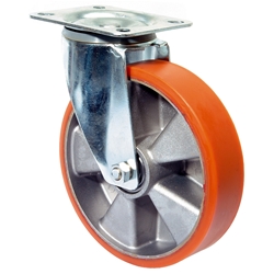 Lenkrolle, Rad Ø 160mm, Guss-Polyurethan orange 95+/-3 Shore A, Radb. 50mm, BH 195mm, Kugellager, Radk. Aluminium, mit Platte, PG 138x109mm, Tragkr. 300kg Nr. L400.B90.160