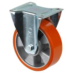 Transport-Bockrolle, Rad Ø 160mm, Guss-Polyurethan orange 95+/-3 Shore A, Radb. 50mm, BH 195mm, Kugellager, Radk. Aluminium, mit Platte, PG 138x109mm, Tragkr. 300kg Nr. L410.B90.160