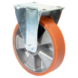 Transport-Bockrolle, Rad Ø 200mm, Guss-Polyurethan orange 95+/-3 Shore A, Radb. 50mm, BH 235mm, Kugellager, Radk. Aluminium, mit Platte, PG 138x109mm, Tragkr. 300kg Nr. L410.B90.200