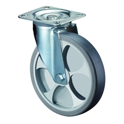 Lenkrolle, Rad Ø 200mm, Thermoplastisches Gummi grau, Radb. 45mm, BH 235mm, Rollenlager, Radk. Kunststoff, mit Platte, PG 138x109mm, Tragkr. 220kg Nr. L400.B44.201
