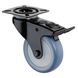 Apparate-Lenkrolle, mit Totalfeststeller, Rad Ø 50mm, Thermoplastischer Gummi blau, Radb. 20mm, BH 73mm, Kugellager, Radk. Kunststoff, mit Platte, PG 54x54mm, Gehäuse schwarz, Tragkr. 50kg Nr. A820.A85.050.05