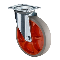 Lenkrolle, Rad Ø 200mm, Thermoplastisches Gummi hellgrau, Radb. 45mm, BH 195mm, Rollenlager, Radk. Kunststoff, mit Platte, PG 138x109mm, Tragkr. 200kg Nr. L400.B44.161.02