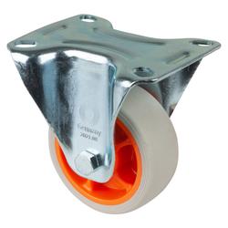 Bockrolle, Rad Ø 80mm, Thermoplastisches Gummi hellgrau, Radb. 32mm, BH 105mm, Rollenlager, Radk. Kunststoff, mit Platte, PG 104x80mm, Tragkr. 100kg Nr. L410.B44.081.02