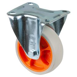 Bockrolle, Rad Ø 100mm, Thermoplastisches Gummi hellgrau, Radb. 32mm, BH 128mm, Rollenlager, Radk. Kunststoff, mit Platte, PG 104x80mm, Tragkr. 110kg Nr. L410.B44.101.02