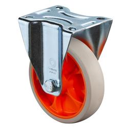 Bockrolle, Rad Ø 125mm, Thermoplastisches Gummi hellgrau, Radb. 32mm, BH 155mm, Rollenlager, Radk. Kunststoff, mit Platte, PG 104x80mm, Tragkr. 120kg Nr. L410.B44.126.02