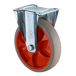 Bockrolle, Rad Ø 220mm, Thermoplastisches Gummi hellgrau, Radb. 45mm, BH 235mm, Rollenlager, Radk. Kunststoff, mit Platte, PG 138x109mm, Tragkr. 220kg Nr. L410.B44.201.02