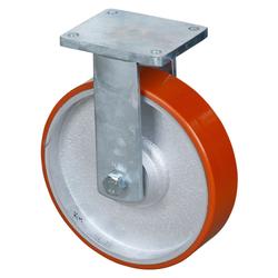 Schwerlast-Bockrolle, Rad Ø 300mm, Guss-Polyurethan orange 95+/-3 Shore A, Radb. 75mm, BH 365mm, Kugellager, Radk. Guss, mit Platte, PG 175x140mm, Tragkr. 2.000kg Nr. RR110.C10.300