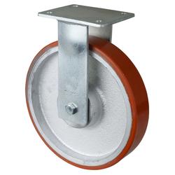 Schwerlast-Bockrolle, Rad Ø 250mm, Guss-Polyurethan orange 95+/-3 Shore A, Radb. 50mm, BH 295mm, Kugellager, Radk. Guss, mit Platte, PG 138x110mm, Tragkr. 1.300kg Nr. RR110.C10.250