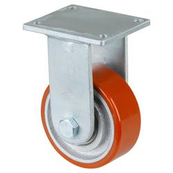 Schwerlast-Bockrolle, Rad Ø 100mm, Guss-Polyurethan orange 95+/-3 Shore A, Radb. 38mm, BH 150mm, Kugellager, Radk. Guss, mit Platte, PG 100x85mm, Tragkr. 295kg Nr. RR110.C10.100