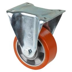 Schwerlast-Bockrolle, Rad Ø 125mm, Guss-Polyurethan orange 95+/-3 Shore A, Radb. 50mm, BH 178mm, Kugellager, Radk. Aluminium, mit Platte, PG 138x110mm, Tragkr. 450kg Nr. N110.B90.129