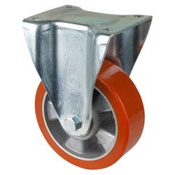 Schwerlast-Bockrolle, Rad Ø 150mm, Guss-Polyurethan orange 95+/-3 Shore A, Radb. 50mm, BH 209mm, Kugellager, Radk. Aluminium, mit Platte, PG 138x110mm, Tragkr. 550kg Nr. N110.B90.154