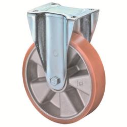 Schwerlast-Bockrolle, Rad Ø 200mm, Guss-Polyurethan orange 95+/-3 Shore A, Radb. 50mm, BH 255mm, Kugellager, Radk. Aluminium, mit Platte, PG 138x110mm, Tragkr. 600kg Nr. N110.B90.203