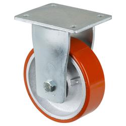Schwerlast-Bockrolle, Rad Ø 150mm, Guss-Polyurethan orange 95+/-3 Shore A, Radb. 50mm, BH 195mm, Kugellager, Radk. Guss, mit Platte, PG 138x110mm, Tragkr. 800kg Nr. RR110.C10.150