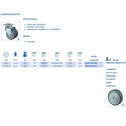 Apparate-Doppel-Lenkrolle, Rad Ø 75mm, Gummi grau, Radb. 2x24mm, BH 102mm, Kugellager, Radk. Kunststoff, mit Platte, PG 77x67mm, Tragkr. 80kg Nr. B100.A85.075