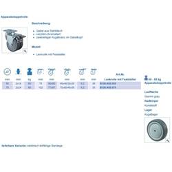 Apparate-Doppel-Lenkrolle, mit Totalfeststeller, Rad Ø 75mm, Gummi grau, Radb. 2x24mm, BH 102mm, Kugellager, Radk. Kunststoff, mit Platte, PG 77x67mm, Tragkr. 80kg Nr. B120.A85.075