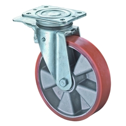 Schwerlast-Lenkrolle, mit Totalfeststeller, Rad Ø 100mm, Guss-Polyurethan orange 95+/-3 Shore A, Radb. 40mm, BH 137mm, Kugellager, Radk. Aluminium, mit Platte, PG 105x85mm, Tragkr. 280kg Nr. N120.B90.102