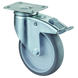Apparate-Lenkrolle, mit Totalfeststeller, Rad Ø 100mm, Gummi grau, Radb. 30mm, BH 137mm, Gleitlager, Radk. Kunststoff, mit Platte, PG 95x70mm, Tragkr. 80kg Nr. C120.A80.100