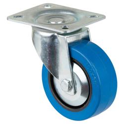 Transport-Lenkrolle, Rad Ø 100mm, Elastik-Reifen blau, Radb. 32mm, BH 128mm, Rollenlager, Radk. Kunststoff, mit Platte, PG 104x80mm, Tragkr. 140kg Nr. L500.B61.101