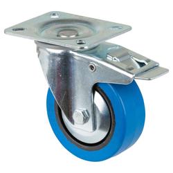 Transport-Lenkrolle, mit Totalfeststeller, Rad Ø 100mm, Elastik-Reifen blau, Radb. 32mm, BH 128mm, Rollenlager, Radk. Kunststoff, mit Platte, PG 104x80mm, Tragkr. 140kg Nr. L520.B61.101