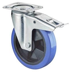 Lenkrolle, mit Totalfeststeller, Rad Ø 125mm, Elastik-Reifen blau, Radb. 45mm, BH 155mm, Rollenlager, Radk. Kunststoff, mit Platte, PG 115x85mm, Tragkr. 140kg Nr. LS420.B61.125