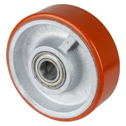 Rad, Rad Ø 150mm, Guss-Polyurethan orange 95+/-3 Shore A, Radb. 50mm, Nabenl. 60mm, Kugellager, Radk. Guss, Tragkr. 800kg Nr. C10.153